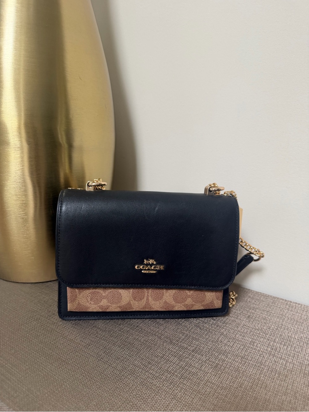 Coach Black Leather Crossbody with Brown Signature Panel and Gold Hardware